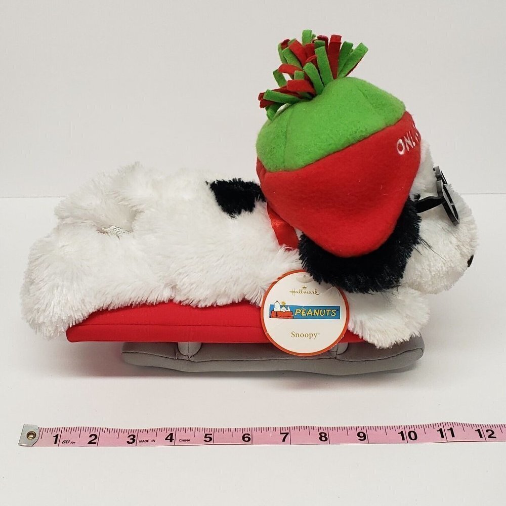 Hallmark 12" Snoopy Peanuts Christmas Holiday One Cool Dude Hat Sled Plush - Picture 9 of 12